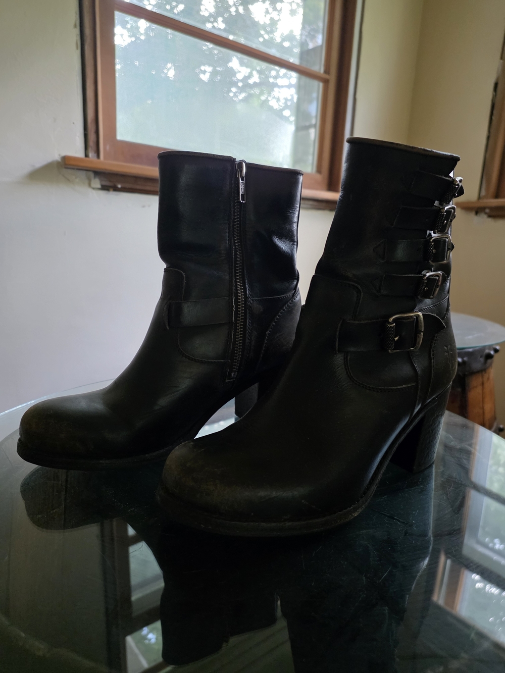 Frye Black Leather Buckle Ankle Boots